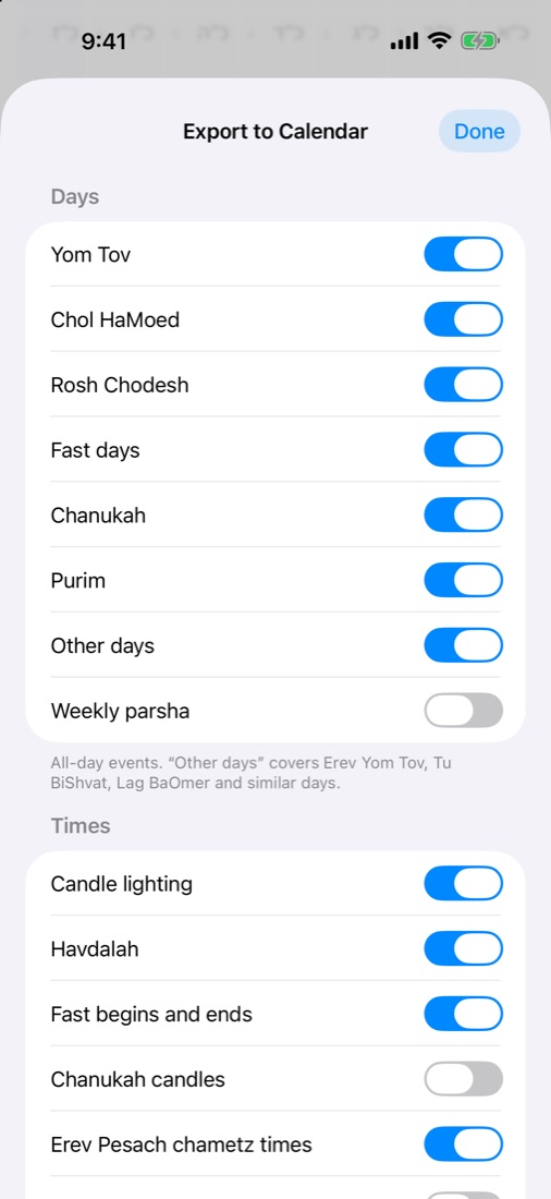 Choose what to export to Calendar