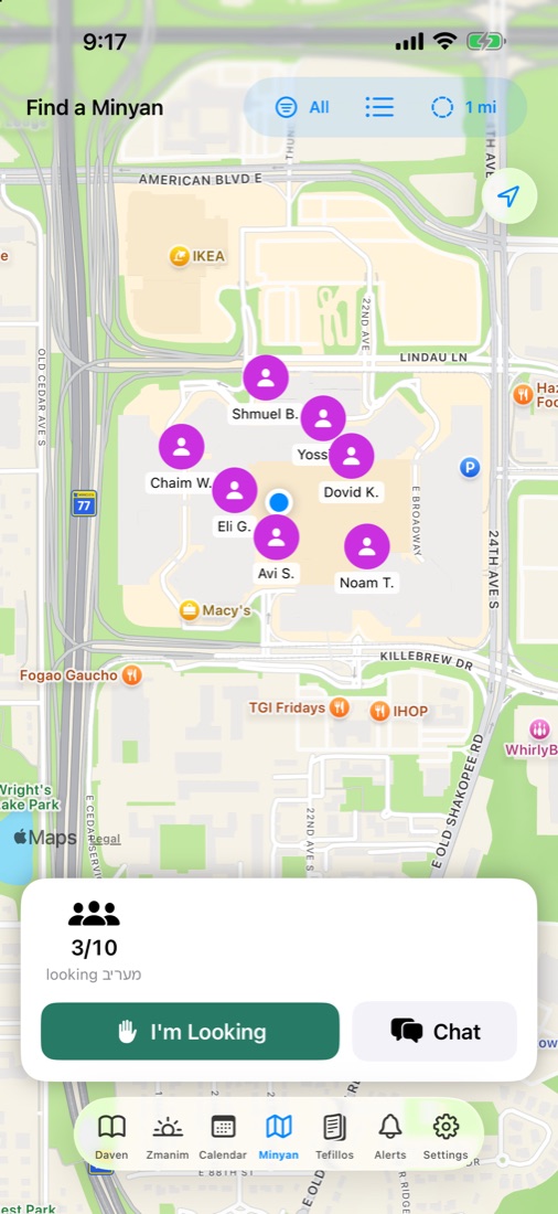 Map of a minyan forming nearby